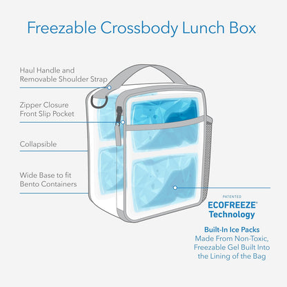 PackIt® - Fiambrera cruzada congelable, negra, construida con tecnología ECOFREEZE®, totalmente congelable, plegable, reutilizable, con asa superior, bolsillo frontal deslizante. Llevar sin esfuerzo