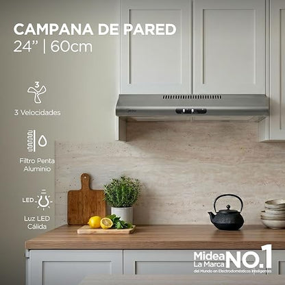 Midea MJUD24S3GS Campana de Pared 24” Slim Acero Inoxidable