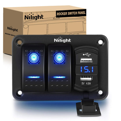 Nilight 90116C - Panel de Interruptor de 2 Bandas con Cargador USB Dual 4.8A y Voltímetro 12-24V CC