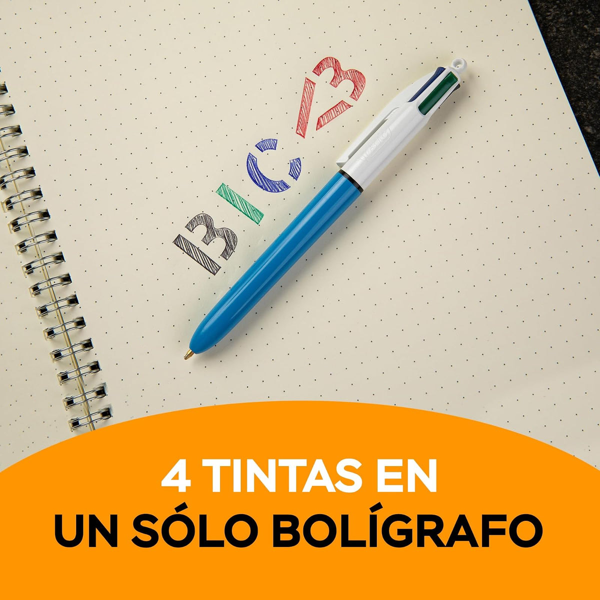 BIC, Bolígrafo de Punto Mediano, Pluma Clásica con Clip, 4 Color, Tinta Color Negro, Azul, Verde y Rojo, 6 piezas