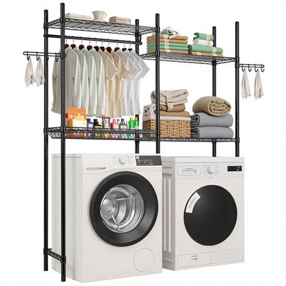 VEVOR - Estanterías de Almacenamiento para Lavadora y Secadora, 6 Niveles de lavandería con Barra de suspensión y Ganchos, Dos Filas de estantes Ajustables para Lavadora, Ahorro de Espacio, para - negro - 4 pisos