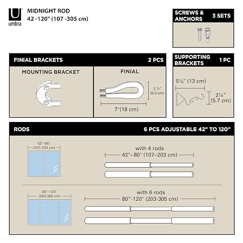 Umbra Midnight Cortinero Doble Ajustable para Cortinas Blackout y Oscurecer Habitación, 107-305 cm, Incluye Accesorios de Instalación, Negro