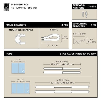 Umbra Midnight Cortinero Doble Ajustable para Cortinas Blackout y Oscurecer Habitación, 107-305 cm, Incluye Accesorios de Instalación, Negro