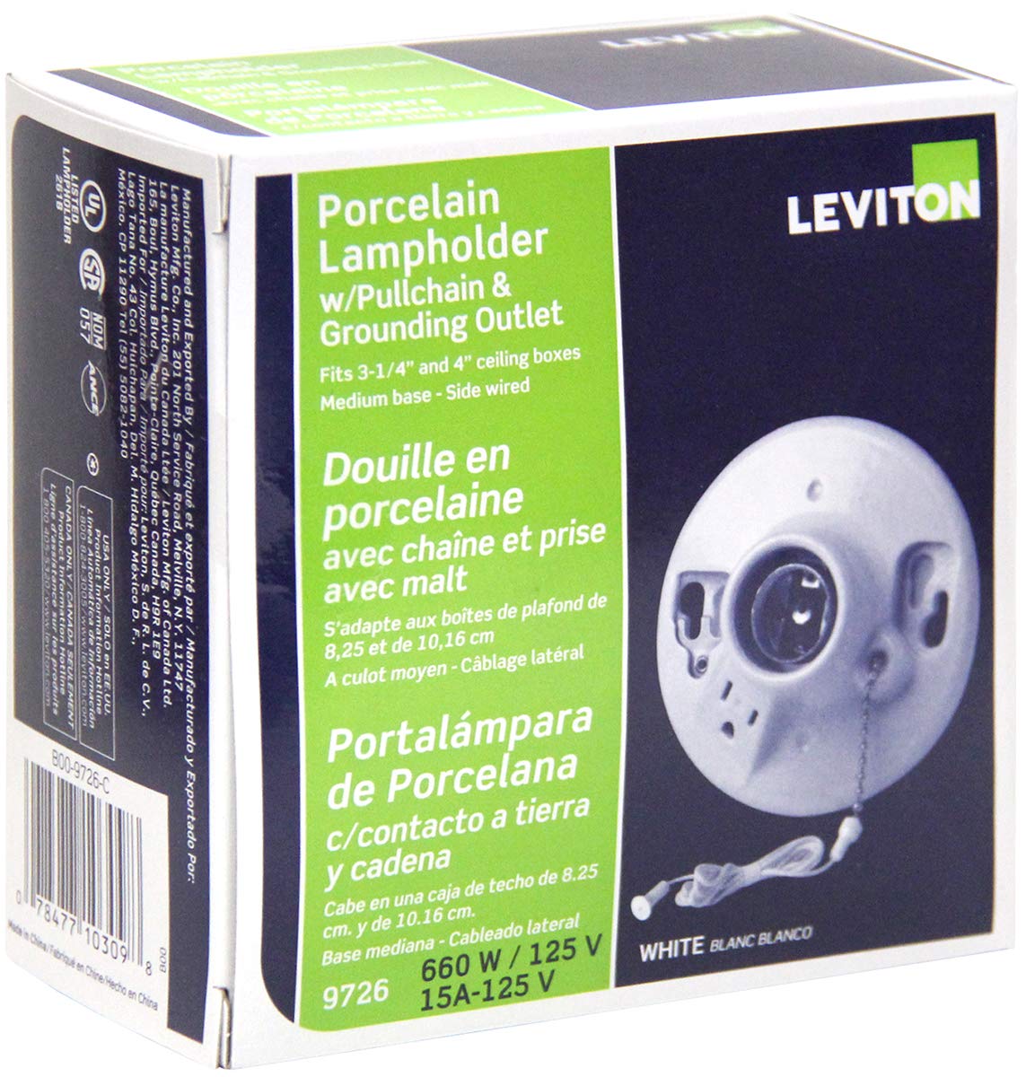 Leviton 09726-00C Portalámpara de Porcelana para Foco Incandescente, con Cadena, color Blanco