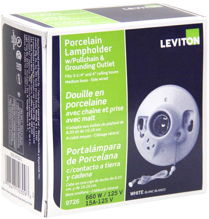 Leviton 09726-00C Portalámpara de Porcelana para Foco Incandescente, con Cadena, color Blanco