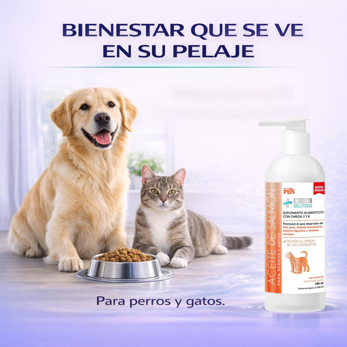 Fancy Pets Aceite de Salmon para Perros y Gatos Medical Solutions con 490ml | Omega 3 con DHA y EPA | Suplemento para Piel Sana, Pelaje Brillante y Sistema Inmune Fuerte