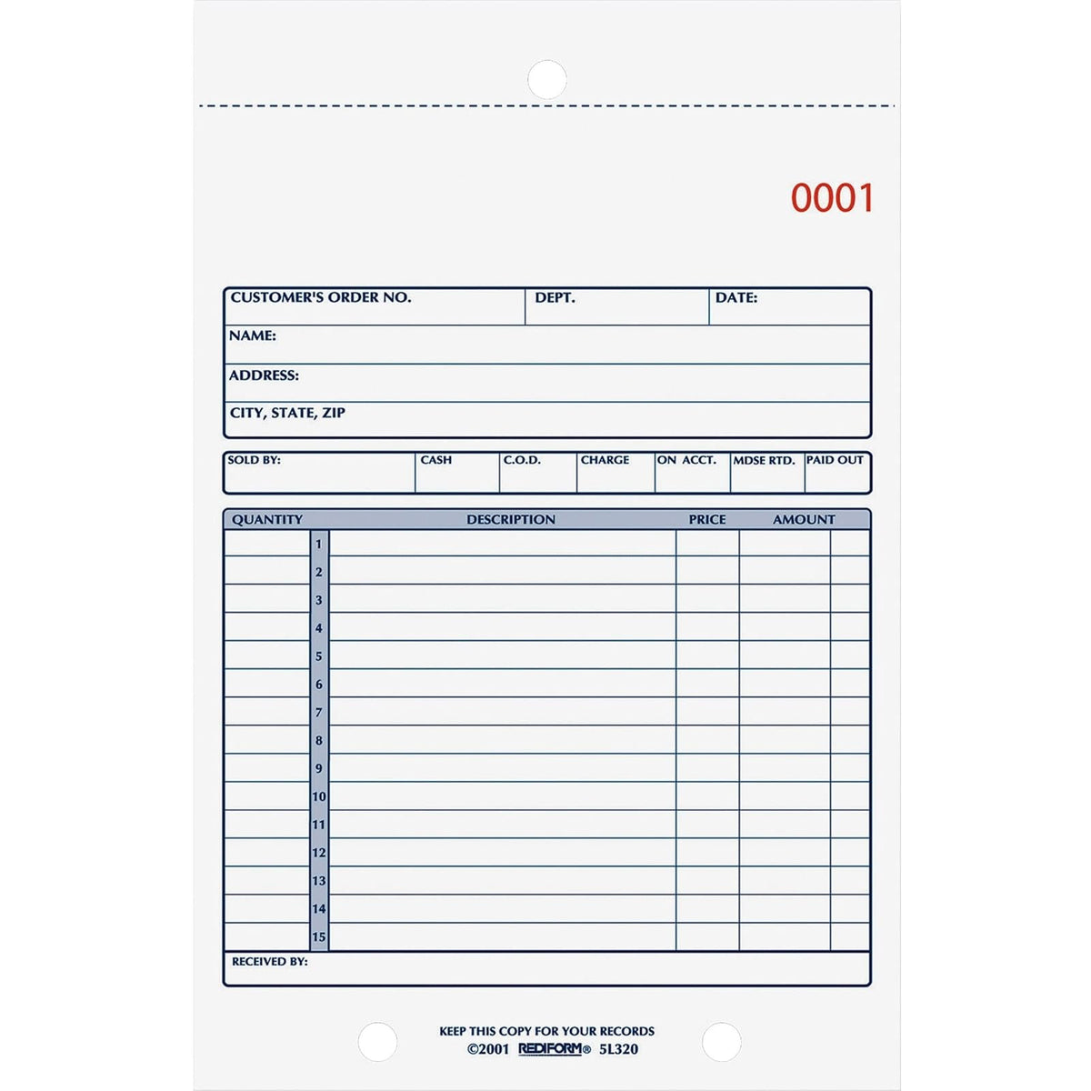 Rediform Libro de Ventas, 15 Líneas, Dos Partes sin Carbono 5.5 x 7.88