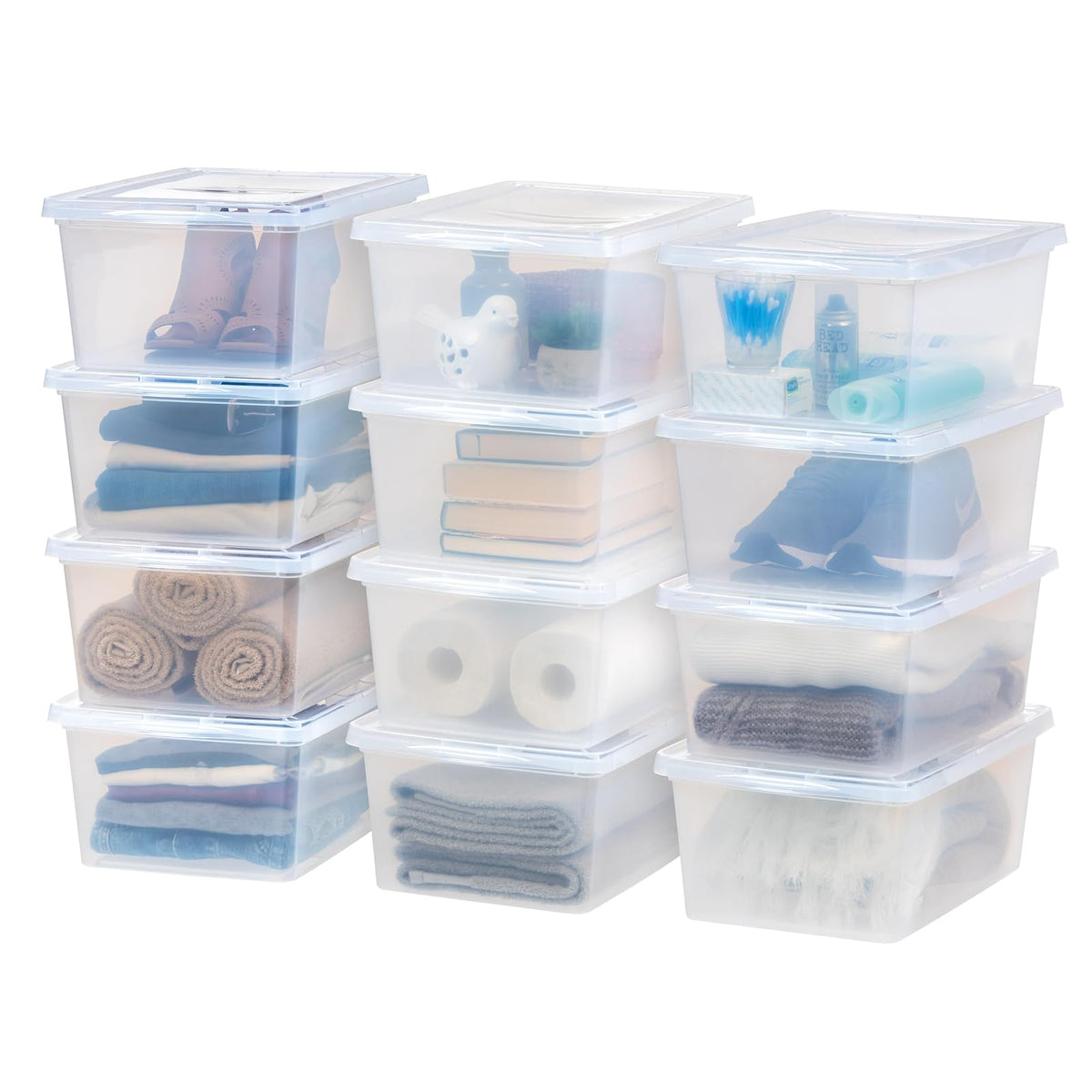 IRIS USA 6 Contenedores de 58 Qt con Tapa, Transparentes, Apilables | Ideal para mudanzas, cobijas, ropa y garaje. Diseño transparente y anidable para encontrar todo fácilmente. - Transparente - 16.6 L - Paquete de 12
