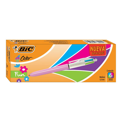 BIC Bolígrafo 4 Color Fun Punto Mediano 4 Tintas en un solo Bolígrafo Lima Rosa Turquesa y Morado Caja con 6 Piezas