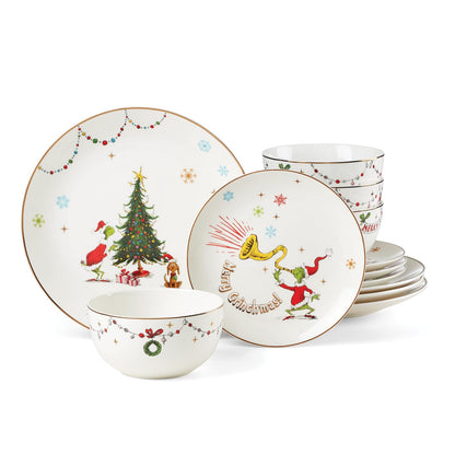 Lenox Merry Grinchmas Piezas de Vajilla Navideña de Porcelana - Juego de vajilla de 12 piezas