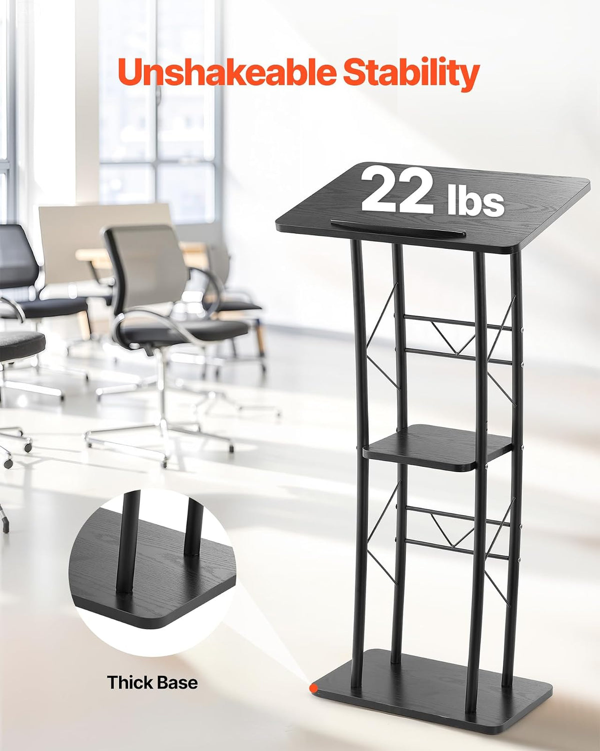 VEVOR Soporte de Podio de Metal Curvo Atril de Pie con Amplia Superficie de Lectura 59,5 x 40 cm, Estante de Almacenamiento, Portavasos para Aulas, Bodas, Conferencias, Discursos, Conciertos