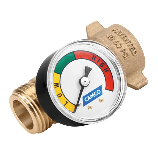 Camco Brass Water Pressure Regulator with Gauge- Helps Protect RV Plumbing and Hoses from High-Pressure City Water - Easy Read Gauge, Lead Free (40064)