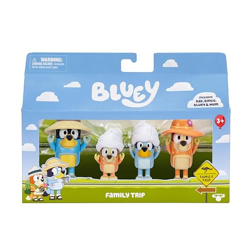 Bluey - Family Trip Viaje Familiar Pack De 4 Figuras De 2.5" - Bluey, Bingo, Bandit Y Chilli - Juguete Preescolar Original