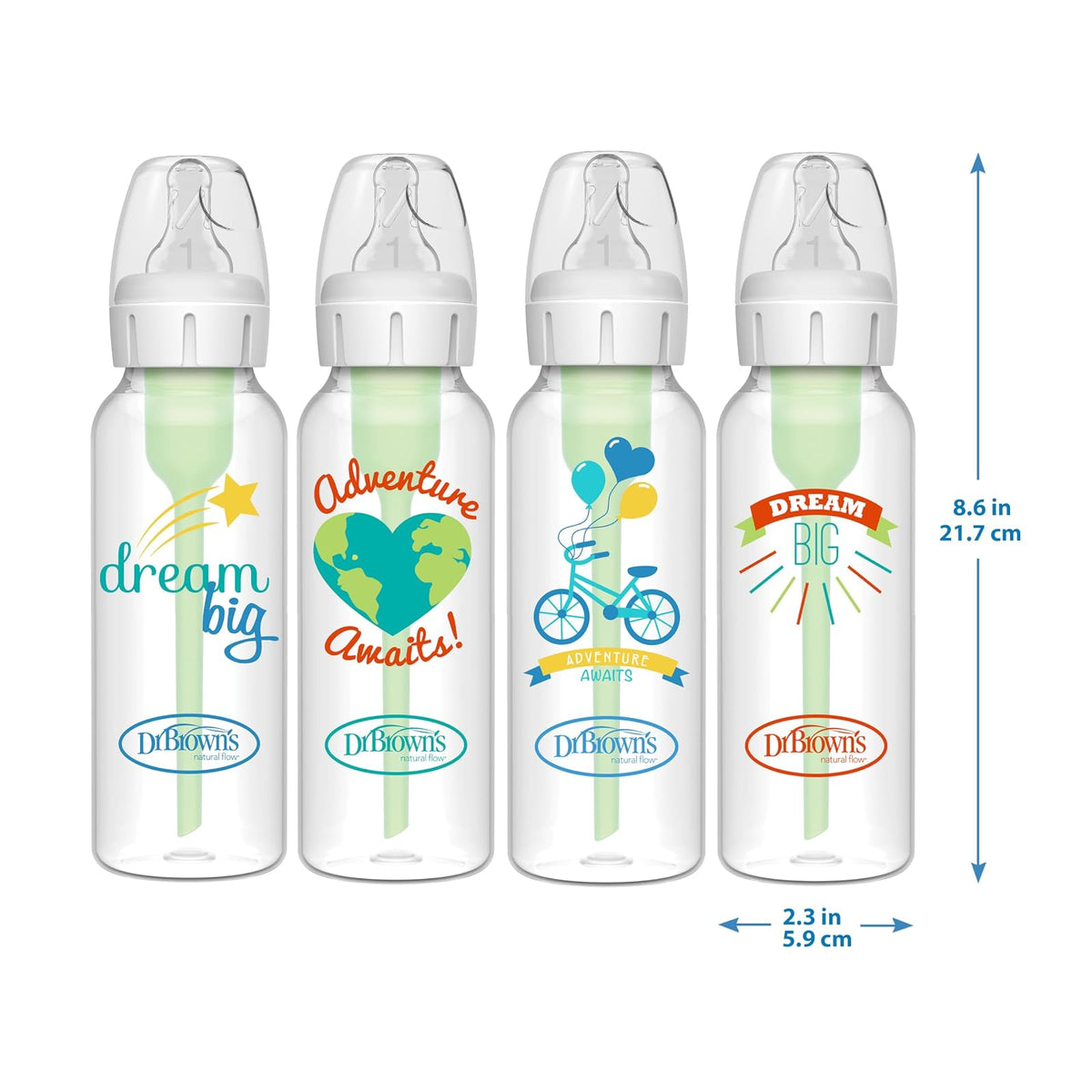 Dr. Brown's Opciones anticólicos + biberones estrechos, 0 m+ nivel 1 pezón – botella para reducir los cólicos, paquete de 4, 8 onzas, diseños de aventura de ensueño