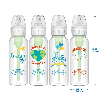 Dr. Brown's Opciones anticólicos + biberones estrechos, 0 m+ nivel 1 pezón – botella para reducir los cólicos, paquete de 4, 8 onzas, diseños de aventura de ensueño