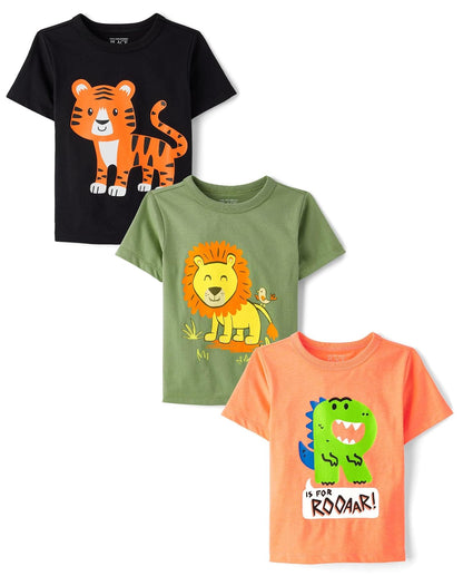 The Children's Place The Children's Place - Camiseta de Manga Corta para bebés y niños pequeños, Paquete de 3 Camisa para bebés niños - Rugido - tigre - león - 2T