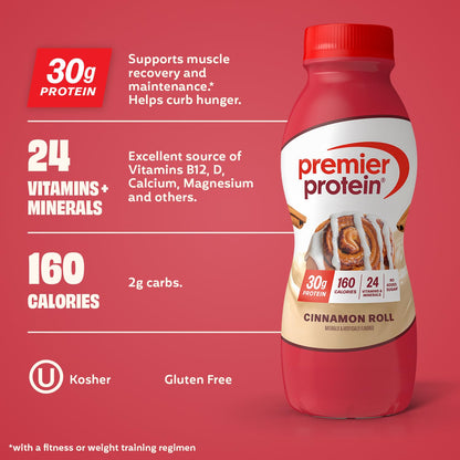 Premier Protein Shake, Batido Nutricional de Rollo de canela, 12 Piezas de 349 ml, 30g de Proteína por Porción, Bajo en Azúcar, Sin Gluten.