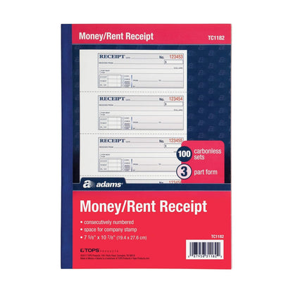Adams Money and Rent - Libro de recibos (3 partes, sin carbono, blanco/canario/rosa, 7-5/8" x 10-7/8", cubierta envolvente, 100 juegos por libro, 4 recibos por página (TC1182)
