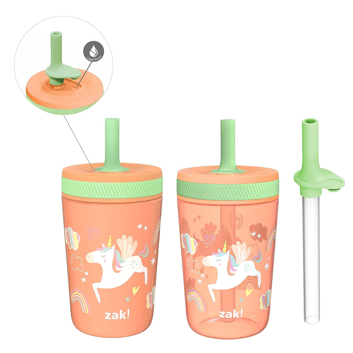 Zak Designs - Juego de vasos de unicornio Kelso, tapa atornillada a prueba de fugas con popote, paquete para niños incluye vasos de plástico y acero inoxidable con sorbidor adicional, juego de 3