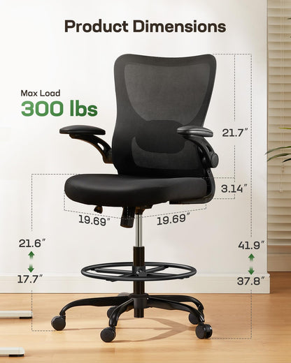 Marsail - Silla de dibujo, silla de oficina alta con soporte lumbar 2D, silla de computadora de pie, silla de oficina alta con reposabrazos abatibles acolchados y anillo de reposapiés ajustable, color