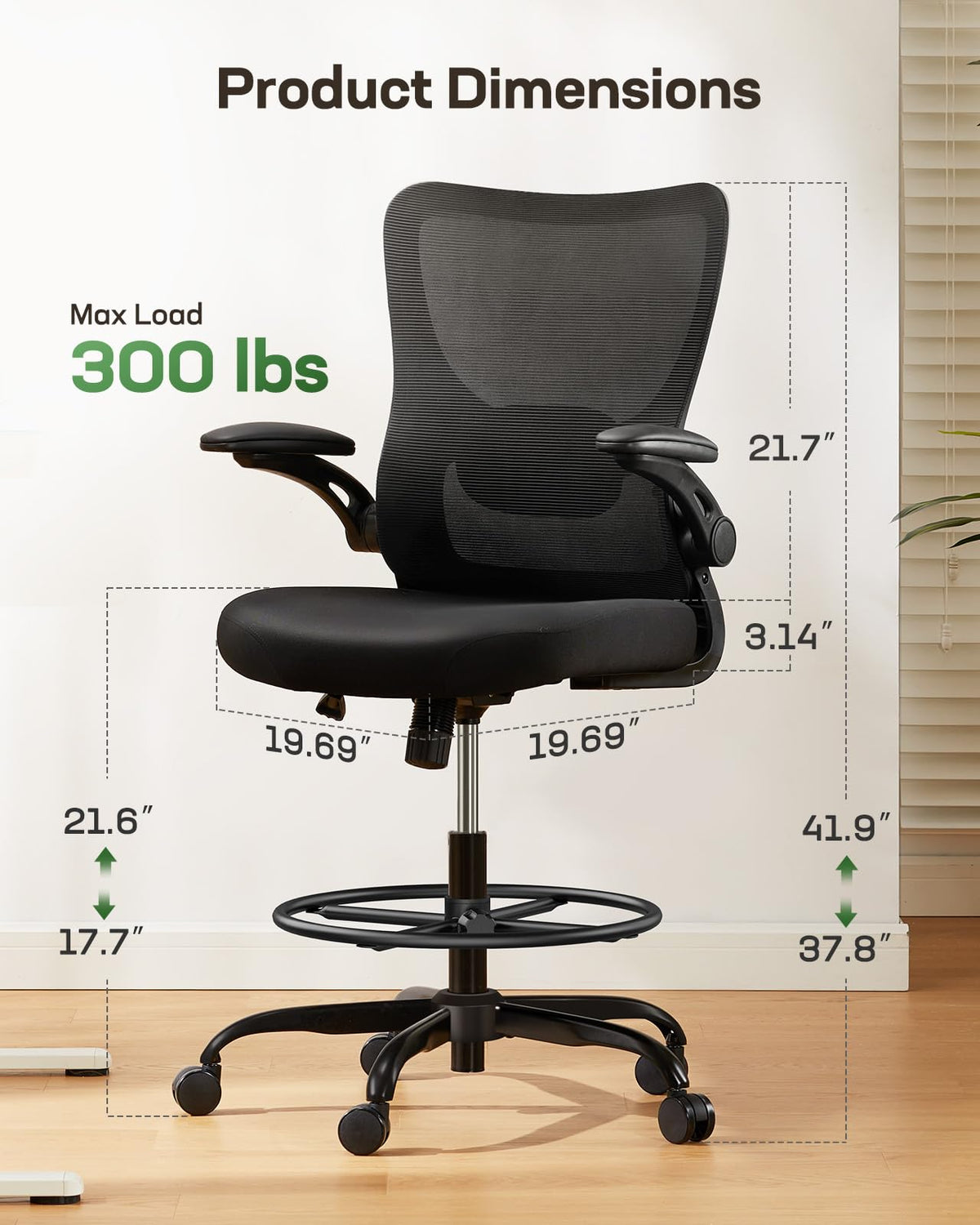 Marsail - Silla de Dibujo, Silla de Oficina Alta con Soporte Lumbar 2D, Silla de computadora de pie con reposabrazos abatibles Acolchados y Anillo de reposapiés Ajustable, Color Negro