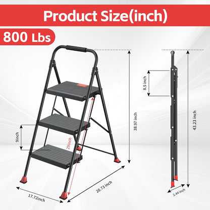 Taburete plegable plegable para el hogar, adultos, cocina, 3 escalones, alto y resistente con pasamanos, escaleras de escalera de clóset, escaleras de escalera extensible para interiores y casas de