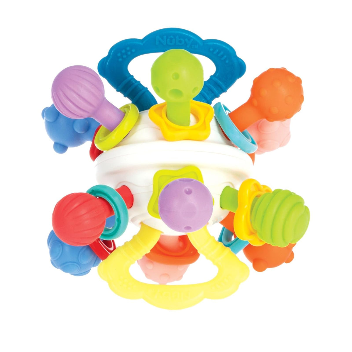 Nuby Mordedera Twist Ball para Bebé +3 Meses | Juguete Sensorial con Sonaja | Múltiples Texturas y Colores Brillantes | Desarrollo Motriz