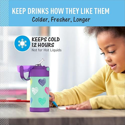 THERMOS FUNTAINER - Botella de agua con popote - 12 onzas - Botella de agua aislada al aspiradora para niños con tapa, corazones
