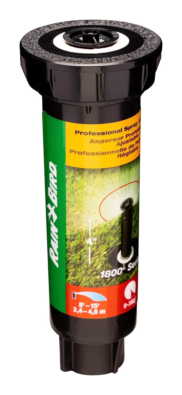 Rain Bird 1804VAN - Rociador emergente profesional, patrón ajustable de 0° a 360°, distancia de pulverización de 8 pies a 15 pies, altura desplegable de 4 pulgadas
