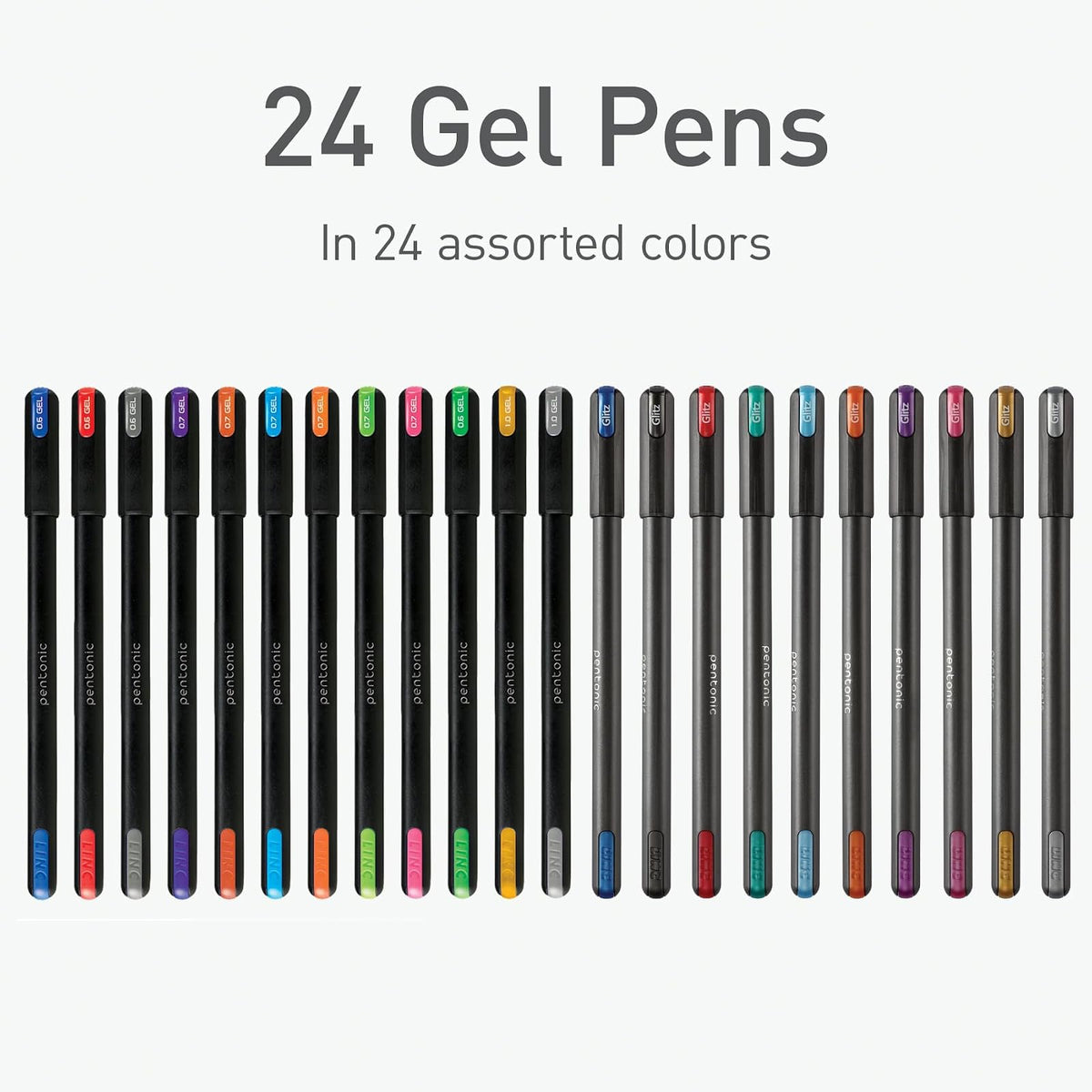 Pentonic - Bolígrafos de gel, 24 unidades, paquete mixto (12 bolígrafos de colores surtidos, 12 bolígrafos con purpurina), punta media y fina, escritura suave para diario (1002355)