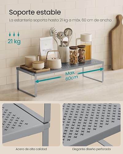 SONGMICS Juego de 2 Especieros, Extensibles, Organizador de Cocina, Estante de Cocina, Organizador de Armario, Metal, Plateado MKCS402FG01