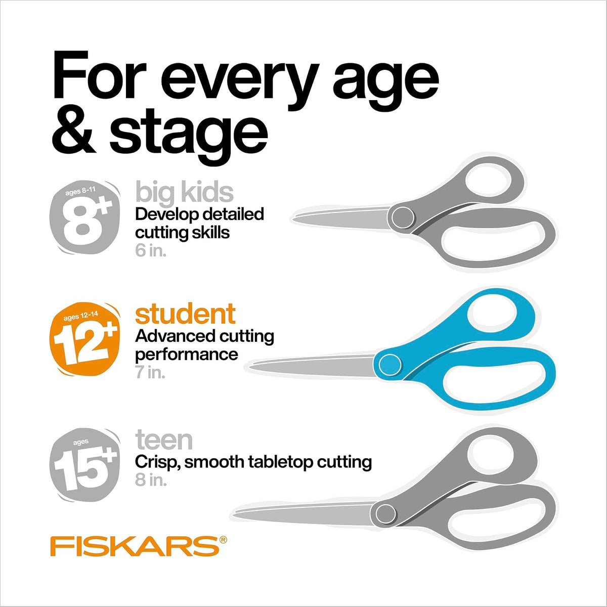 Fiskars - Tijeras para estudiantes de 7 pulgadas para niños de 12 a 14 años (paquete de 3), tijeras para la escuela o manualidades, suministros de regreso a la escuela, morado, azul y turquesa
