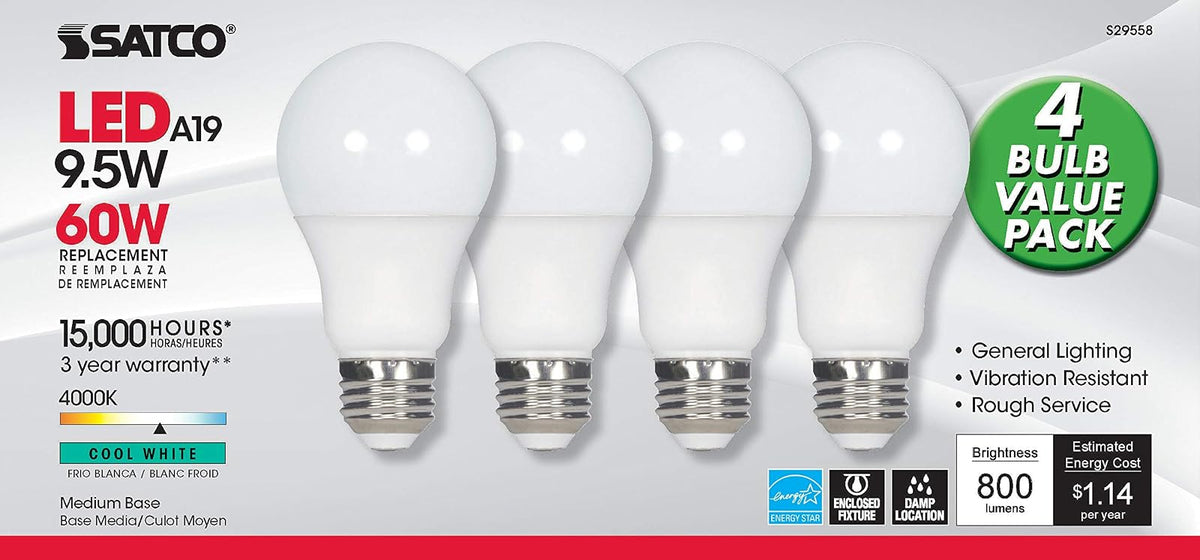 Satco S29558 - Bombillas LED A19 de 9,5 W, equivalente a 60 W, 4000 K, color blanco frío, paquete de 4