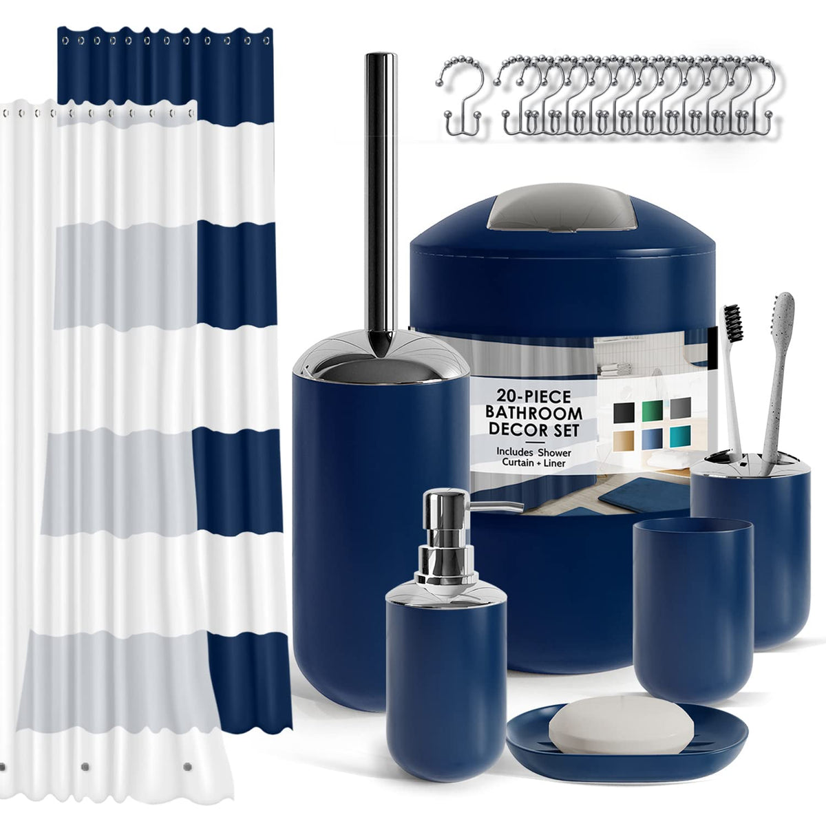 CLARA CLARK - Juego de Accesorios de baño, Juego de Cortina de Ducha, dispensador de jabón, Cepillo para Polvo de Inodoro y Bote de Basura (Gris, Juego Completo + Alfombras de baño) - Complete Set - Azul