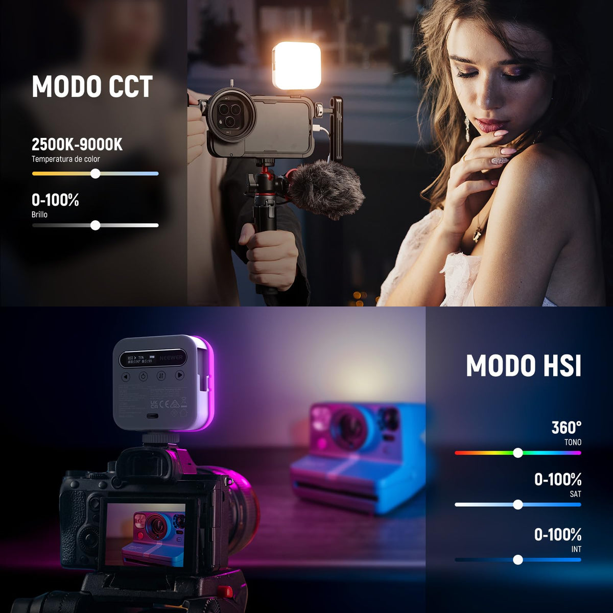 NEEWER Básico Luz Vídeo RGB Magnética Mini Luz Cámara 360° Todo Color CRI96+ 2500-9000K 18 Escenas 3 Zapatos Fría y 1/4" 2000mAh Portátil Recargable para Selfie/Trípode Fotografía Iluminación, BL60C