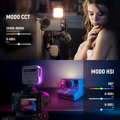 NEEWER Básico Luz Vídeo RGB Magnética Mini Luz Cámara 360° Todo Color CRI96+ 2500-9000K 18 Escenas 3 Zapatos Fría y 1/4" 2000mAh Portátil Recargable para Selfie/Trípode Fotografía Iluminación, BL60C