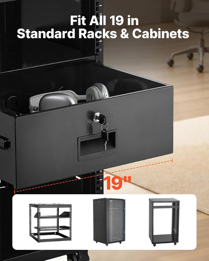 VEVOR Cajón para Montaje en Rack de 4U, Carga de 22,68 kg, Cajón Deslizante con Cerradura y Orificios para Gestión de Cables, para Rack o Gabinete de AV para Servidores de Equipos de Red de 48,26 cm