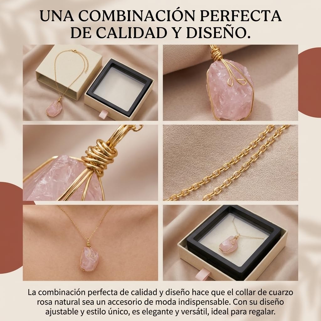 XYPHIELLE Collar de Cuarzo Rosa Natural para Mujer, Dije de la Piedra del Amor Envuelto en Alambre, Joyería Romántica y Femenina, Regalo de Ternura