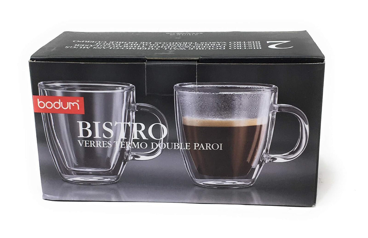 Bodum Bistro Juego de 2 Tazas de Vidrio de Doble Pared, 10 oz - 5 oz (147.86 ml) - Insertos de espuma protectora