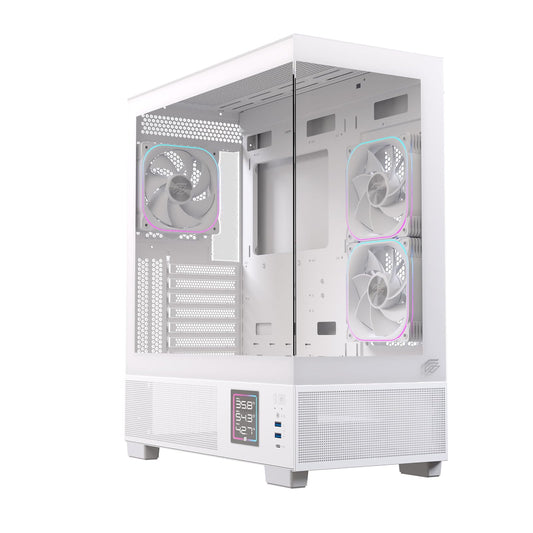 Gabinete EINAREX Prisma S501D White - Pantalla LCD Monitoreo Temps - ATX - Cristal Templado Dual - 3 Fans RGB