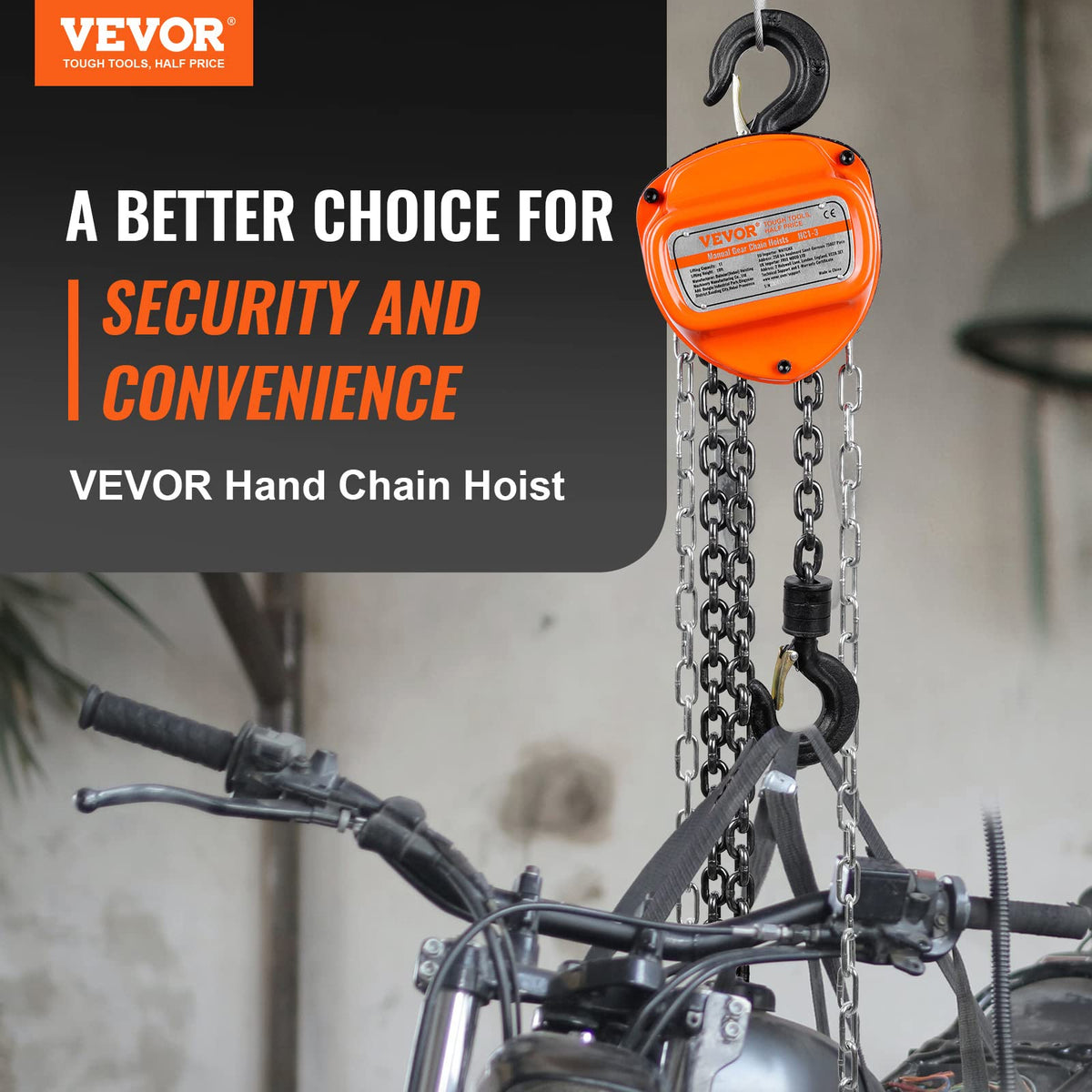 VEVOR Polipasto de Cadena Manual, Polipasto de Polea Resistente con Cadena Galvanizada G80 Mejorada, Altura de Elevación de 6 m Carga de 1 T para Garaje, Almacén y Maquinaria Automotriz, Naranja