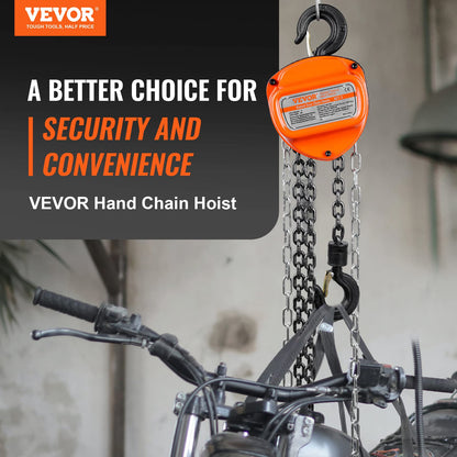 VEVOR Polipasto de Cadena Manual, Polipasto de Polea Resistente con Cadena Galvanizada G80 Mejorada, Altura de Elevación de 6 m Carga de 1 T para Garaje, Almacén y Maquinaria Automotriz, Naranja