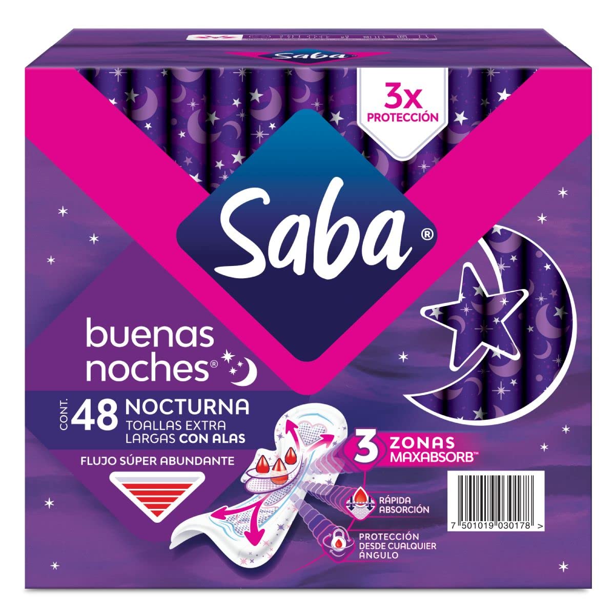 Saba Saba Invisible Buenos Días, Toallas Femeninas Delgadas Con Alas, Flujo Moderado, 32 Piezas, color, Grande, pack of/paquete de + Buenas Noches Con Alas; Toallas Femeninas Nocturnas Xl,