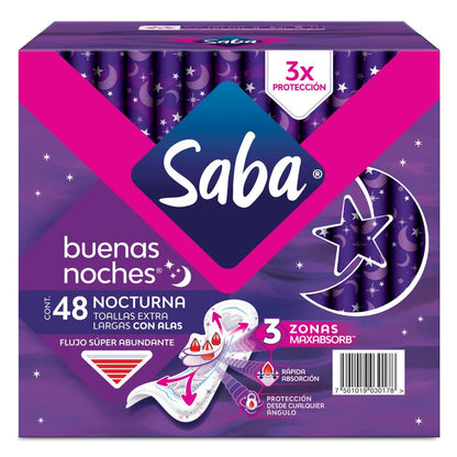 Saba Saba Invisible Buenos Días, Toallas Femeninas Delgadas Con Alas, Flujo Moderado, 32 Piezas, color, Grande, pack of/paquete de + Buenas Noches Con Alas; Toallas Femeninas Nocturnas Xl,