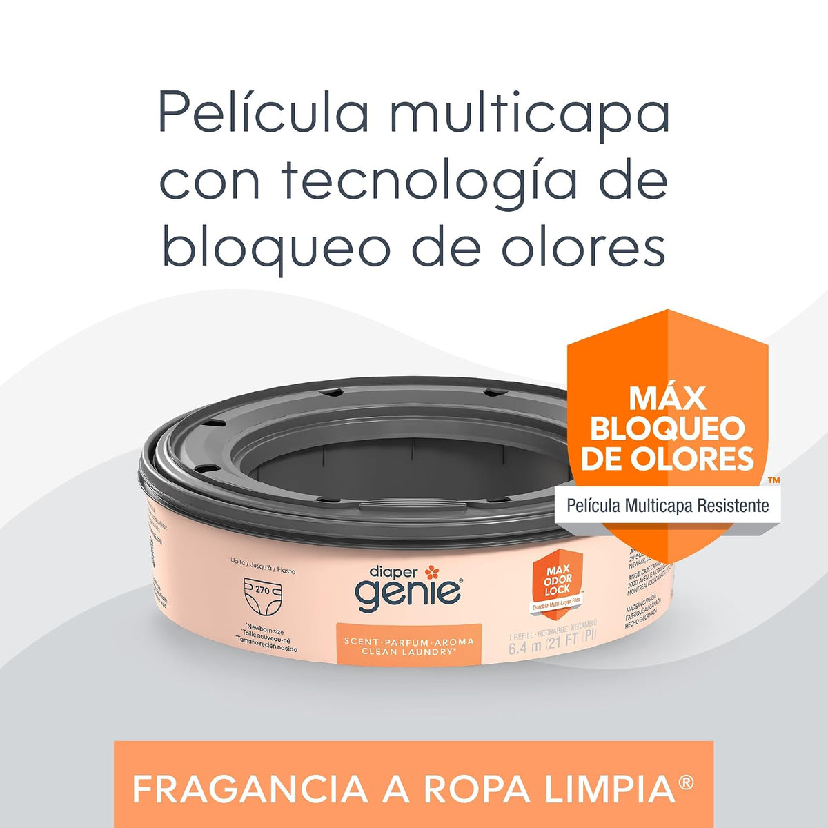 Set de regalo Diaper Genie Complete | Incluye 8 recambios redondos con fragancia Clean Laundry que pueden contener hasta 2160 pañales tamaño recién nacido y 1 filtro de carbón.