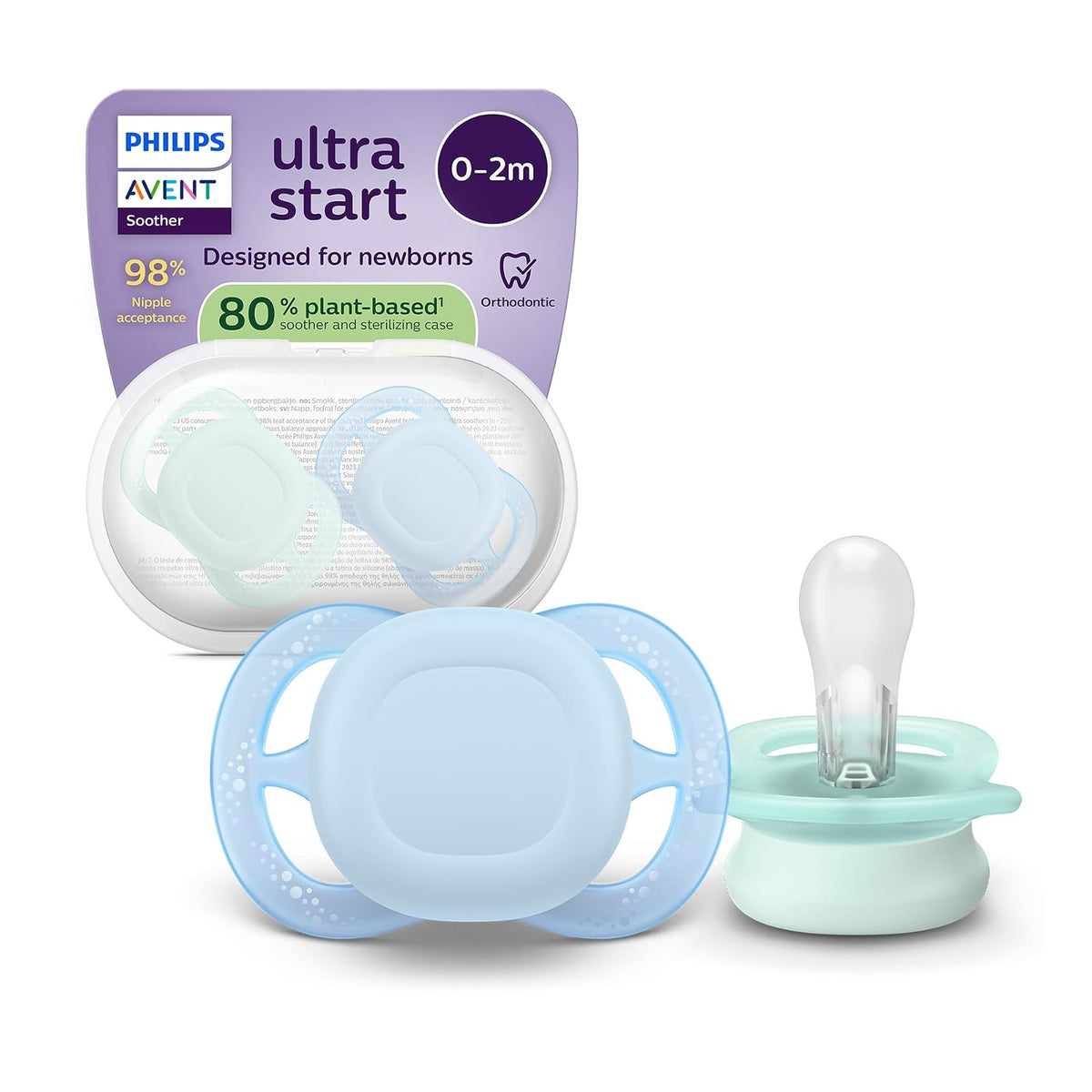 Philips Avent Chupón Ultra Start | Ortodóntico Libre BPA|con Caja Esterilizadora|Turquesa/Azul |0-2 m|2 pzs|SCF075/12