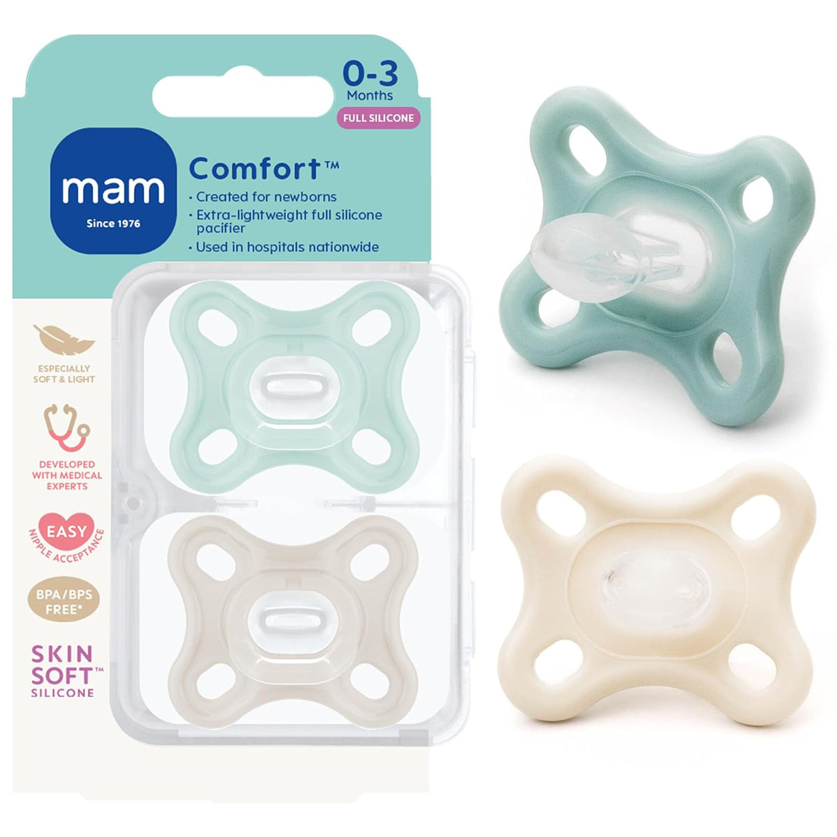 MAM Comfort Chupón de Silicona de una Pieza para Recién Nacido, 2 Piezas - Gris Verde