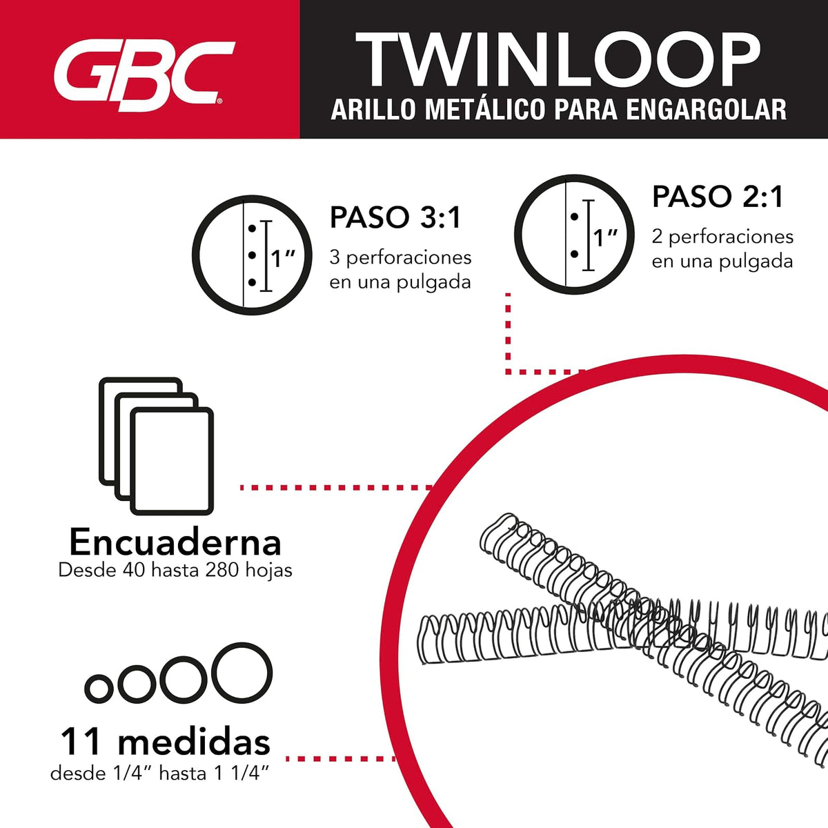 GBC Arillo Metálico Twin Loop 2:1-3/4" para Engargolar, Color Negro, Paquete con 20 Piezas. P7236