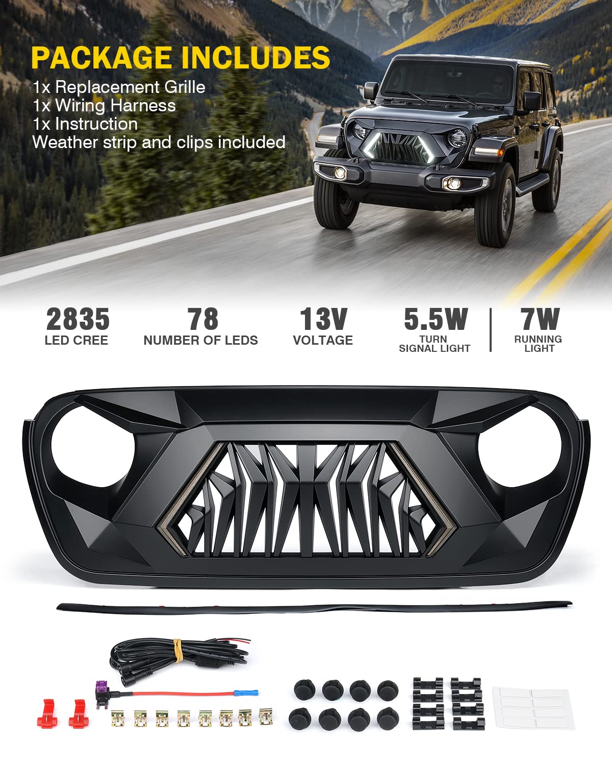 Xprite - Parrilla frontal de repuesto compatible con Jeep Wrangler JL JLU y 2020+ Gladiator JT, parrilla de tiburón negro mate con luz para correr y intermitentes