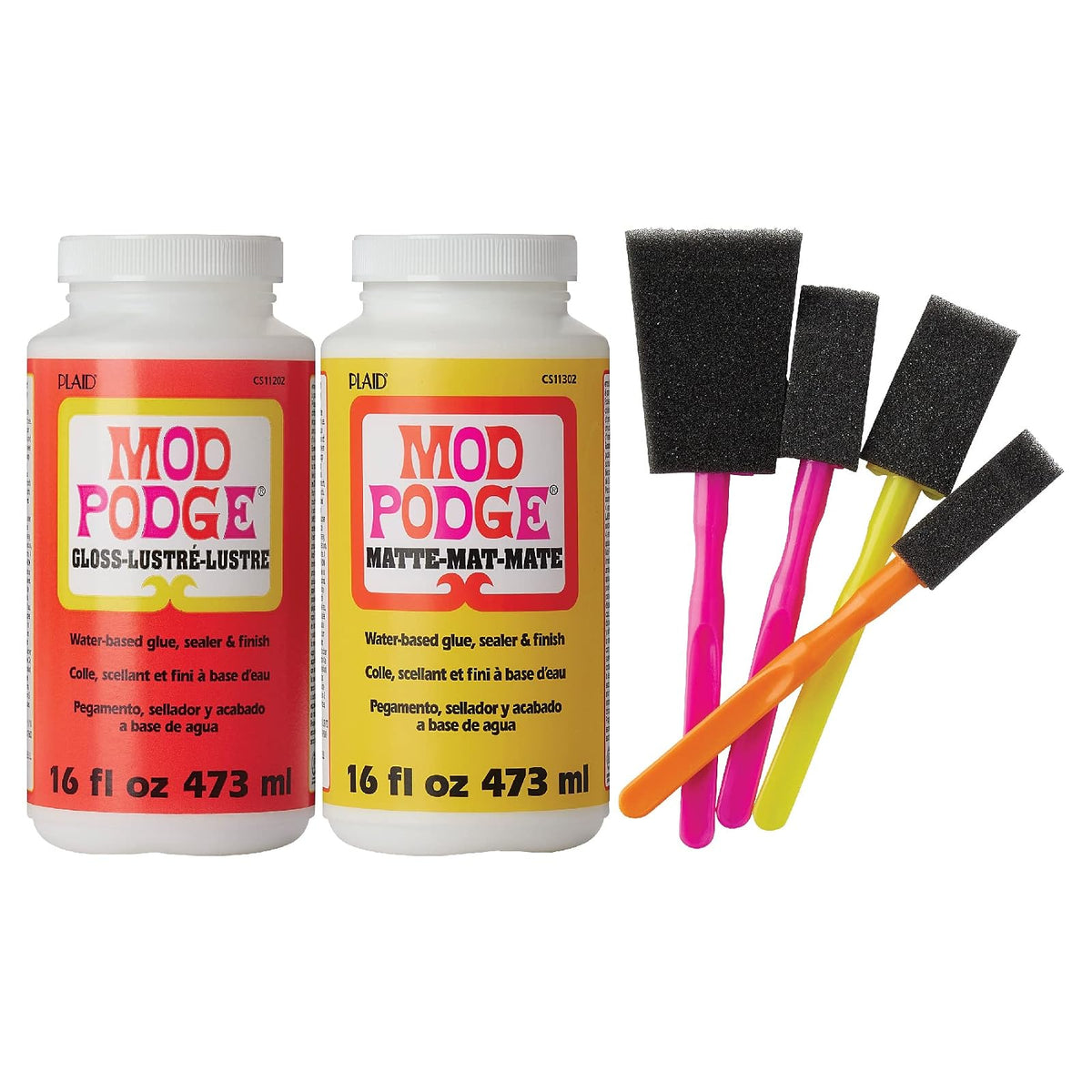 Mod Podge Kit completo de decoupage - Dos botellas de 16 onzas sellador/pegamento para base de agua (acabado mate brillante) con juego de 4 cepillos de espuma, transparente